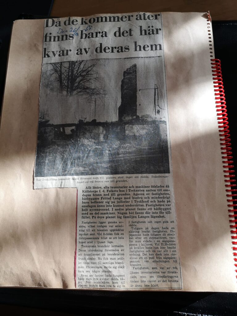 Tidningsartikel om branden i Trekantens folkets hus 1968