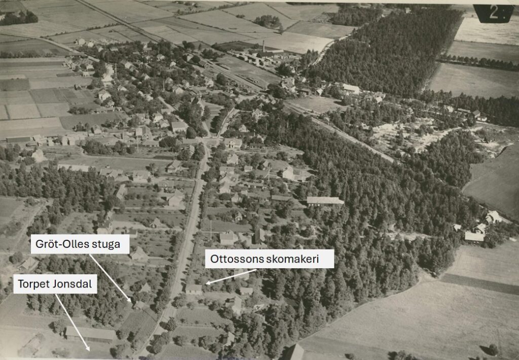 Flygfoto med torpet Jonsdal markerat